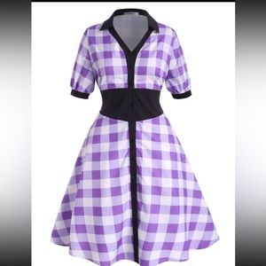 Contrast Collar Plaid Button Up Plus Size 50s Dress